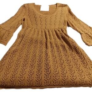 Loverocks Mustard Yellow Crochet Knit Babydoll Sweater Dress Womens Med Boho...